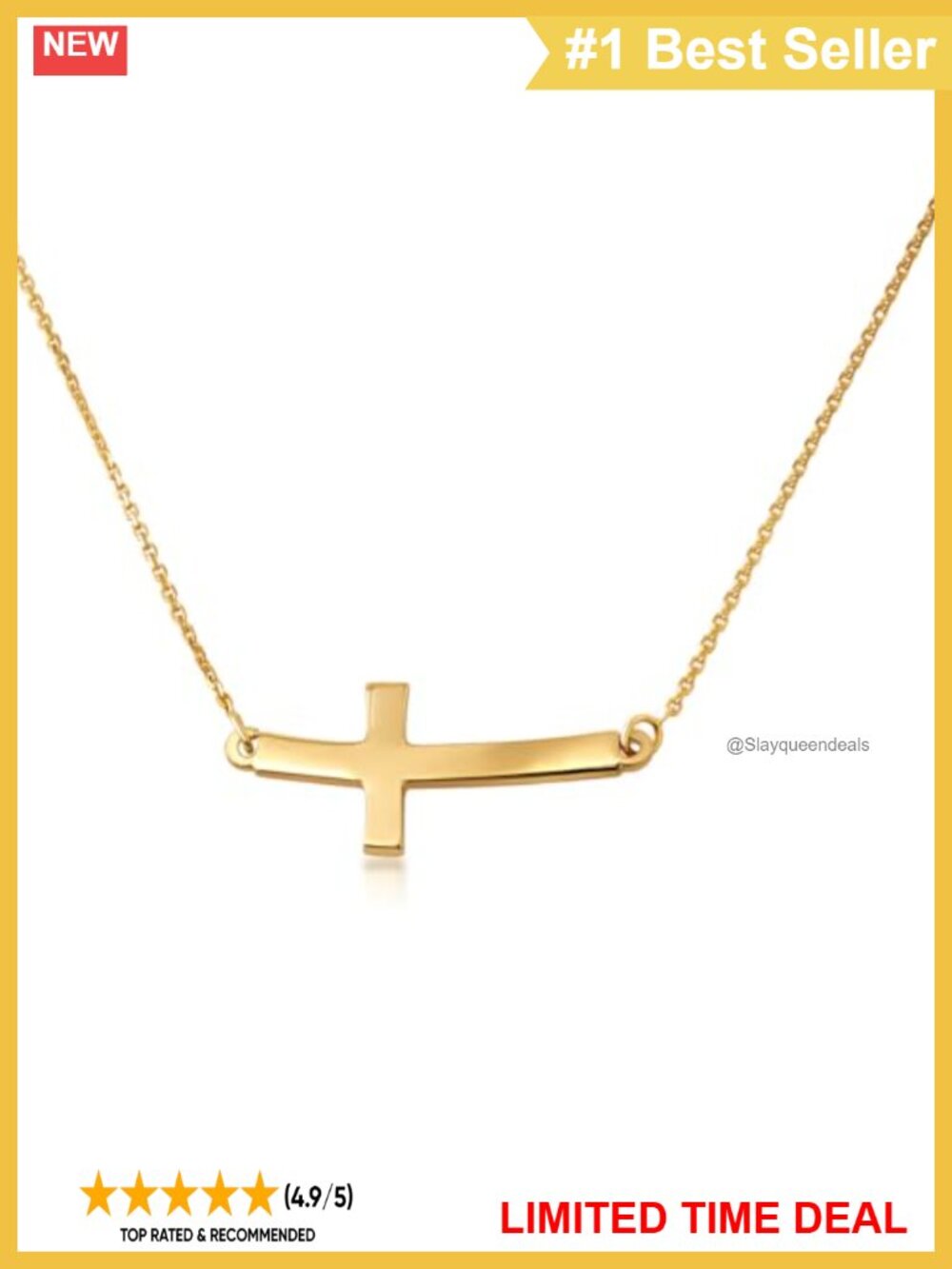 14K Gold Curved Sideways Cross Pendant Necklace Rolo